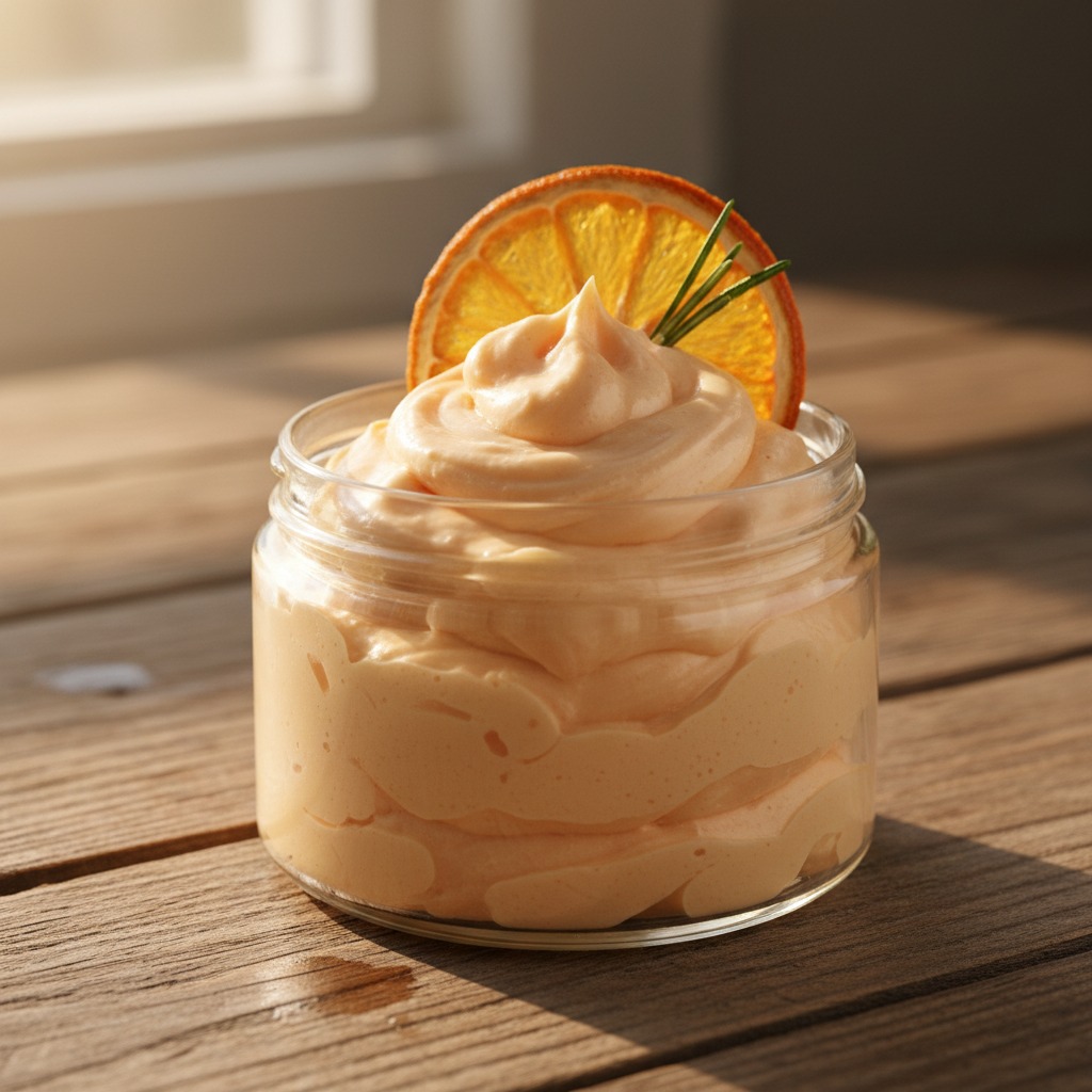 A glass jar filled with whipped orange-colored cream is topped with a dried orange slice and a sprig of rosemary on a wooden surface.